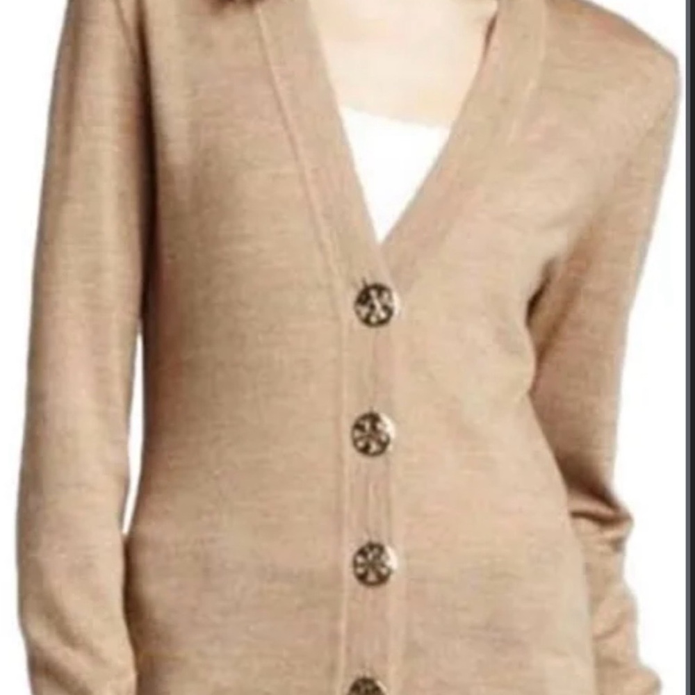 Tory Burch size Small Classic V-Neck Button Front Sweater Cardigan - Camel